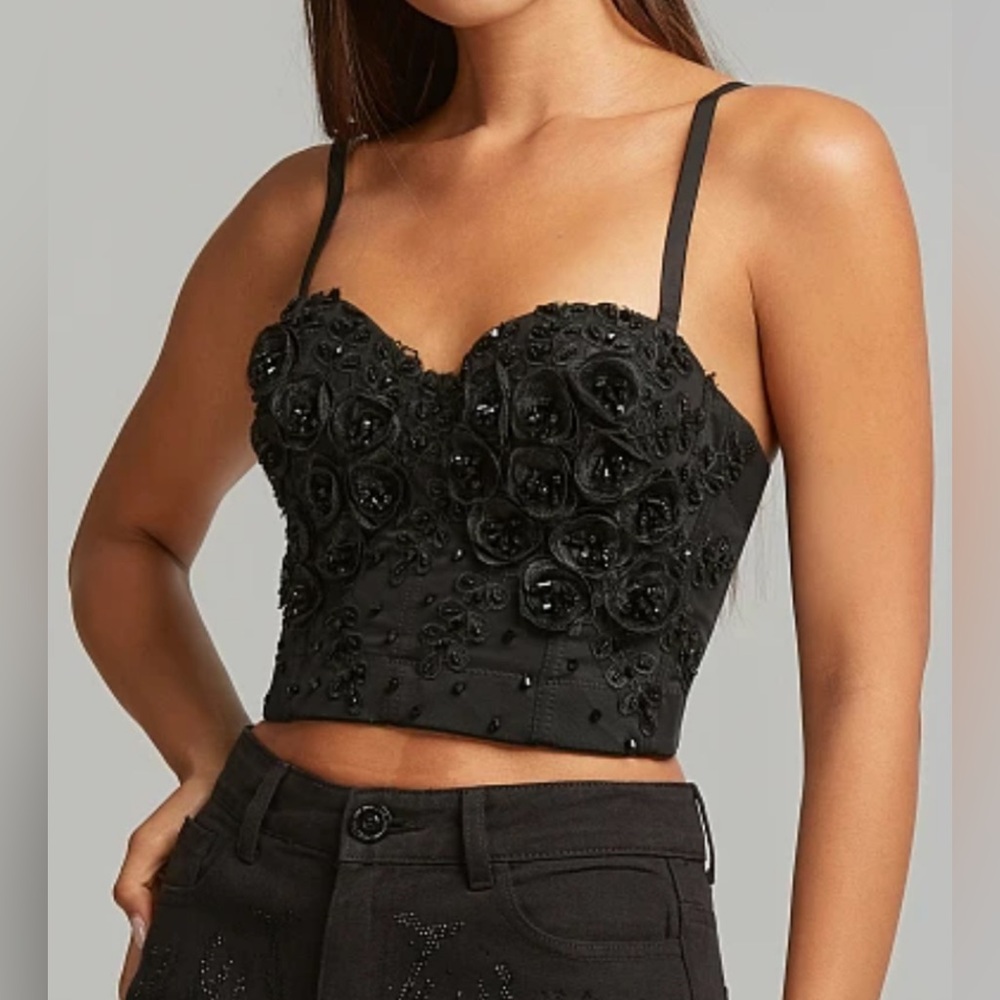 Handmade 3D Floral Beaded Corset Top Black Embroidered Bustier Rare ArtisanPiece